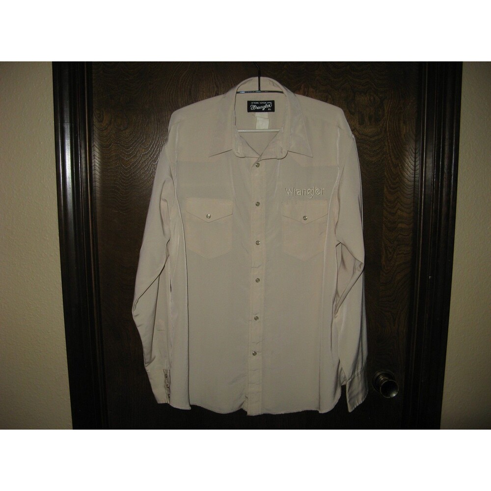 Mens Wrangler Western Shirt Beige Pearl Snap Embrodered Rope Logo On Back Sz XL